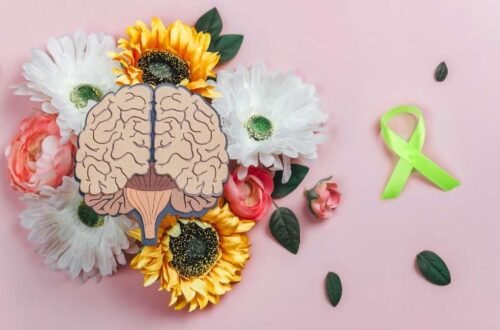 Mental health awareness symbol with brain illustration, green ribbon, and colorful flowers representing hope and emotional well-being.