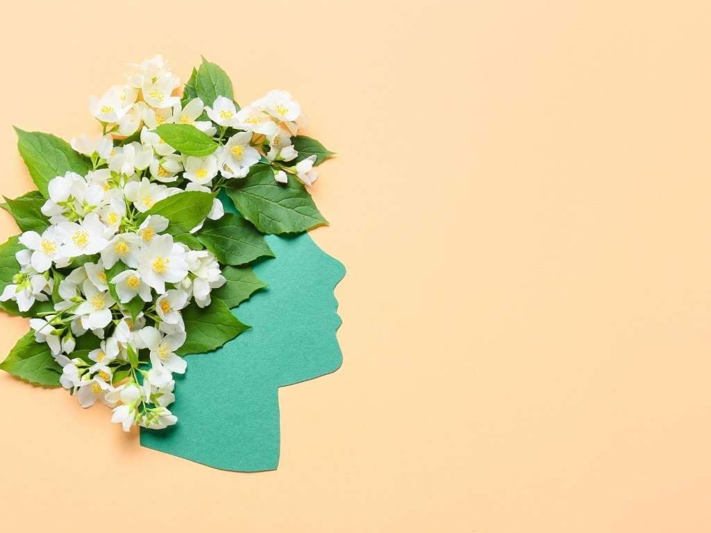 Human head silhouette with colorful flowers symbolizing positive mental health and personal growth