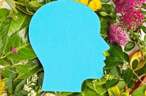 Silhouette of human head with green leaves and flowers representing mental health and wellness
