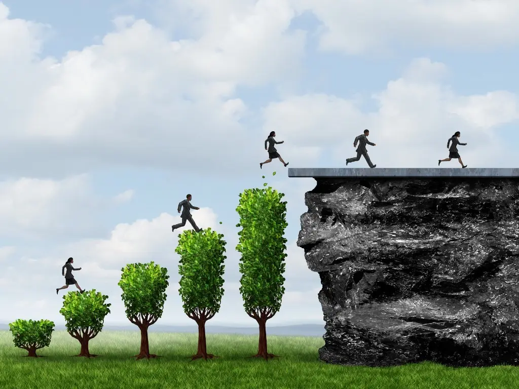 People jumping across trees symbolizing challenges, resilience, and personal growth