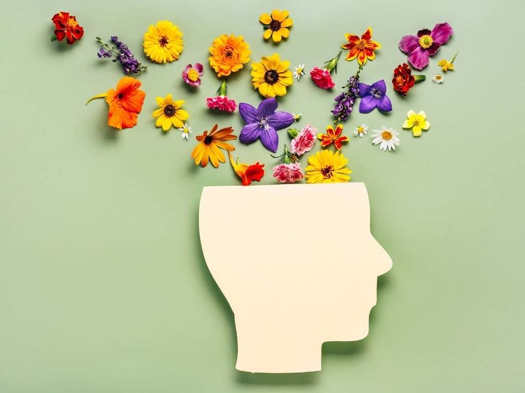 Human head silhouette with colorful flowers symbolizing mental health and positive thinking
