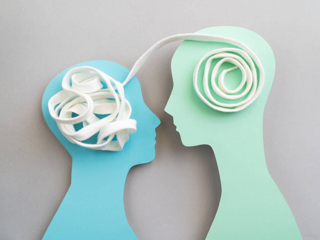Illustration of emotional relationships and mental health connection – symbolic minds communicating