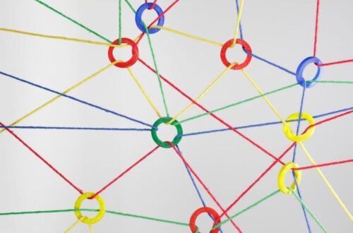 Digital relationships network illustration showing connected circles and colorful strings representing online connections and communication