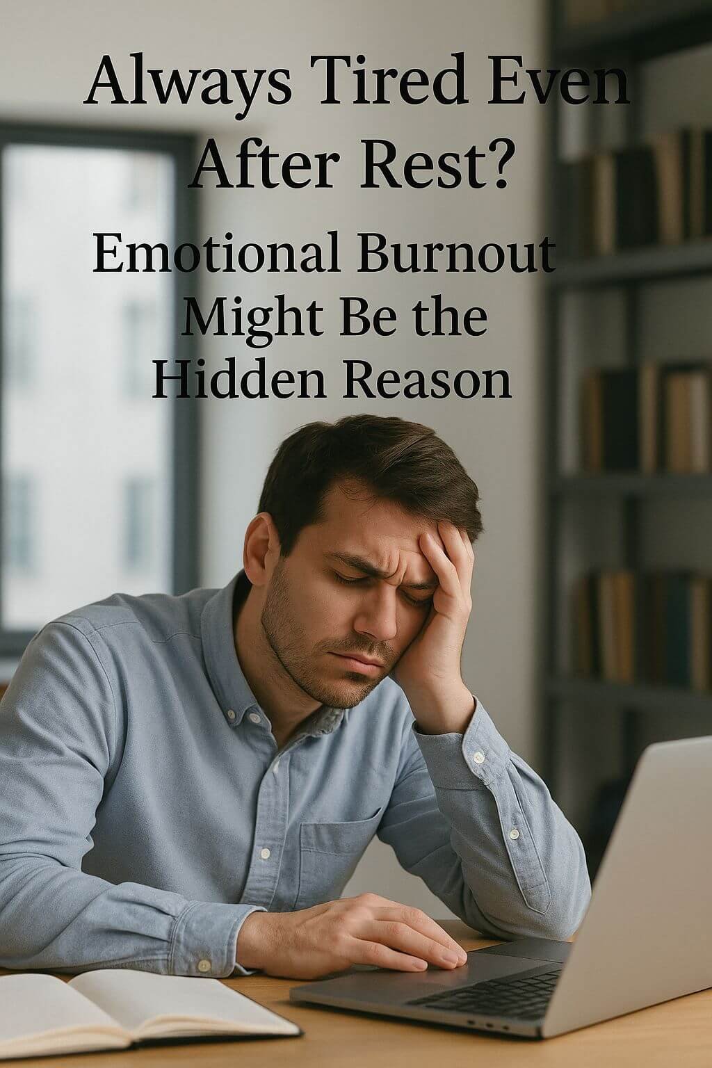 Tired man holding head in frustration while working, symbolizing emotional burnout and constant fatigue despite rest.