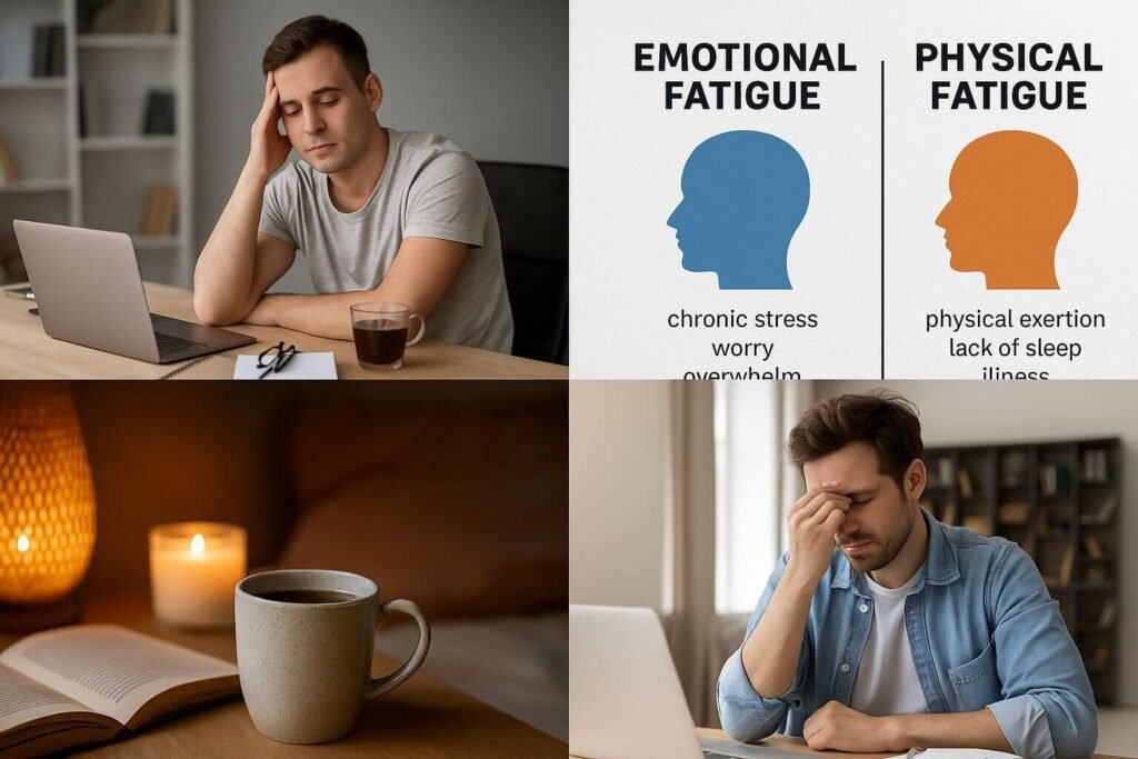 Infographic comparing emotional fatigue and physical exhaustion causes and symptoms.