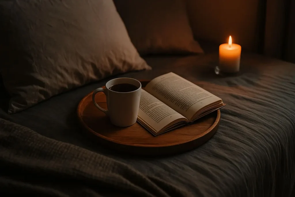 Cozy bedtime scene with a candle, open book, and cup of tea, promoting a calming night routine for better sleep quality.