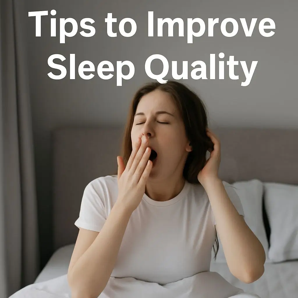 Woman yawning in bed as part of healthy sleep routine, illustrating tips to improve sleep quality and reduce fatigue.