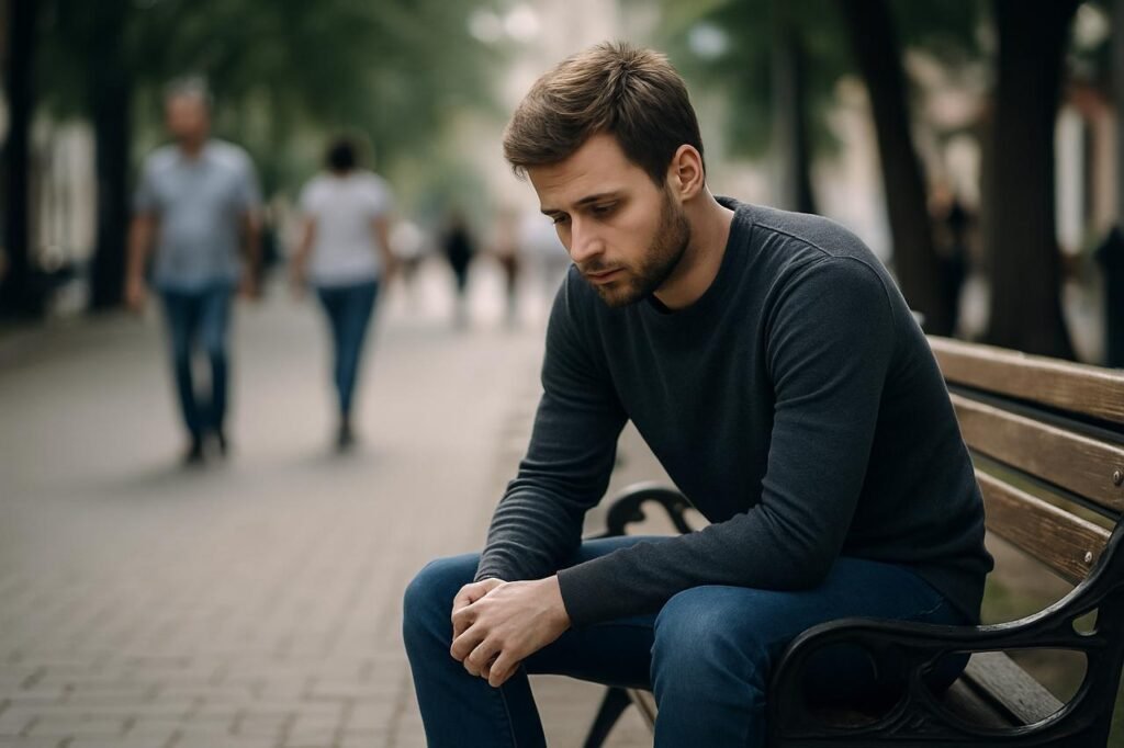 Man sitting on a bench, looking down in emotional isolation while people pass by around him.