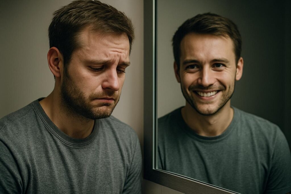 A man appears sad in real life but smiles in his mirror reflection, symbolizing emotional masking.
