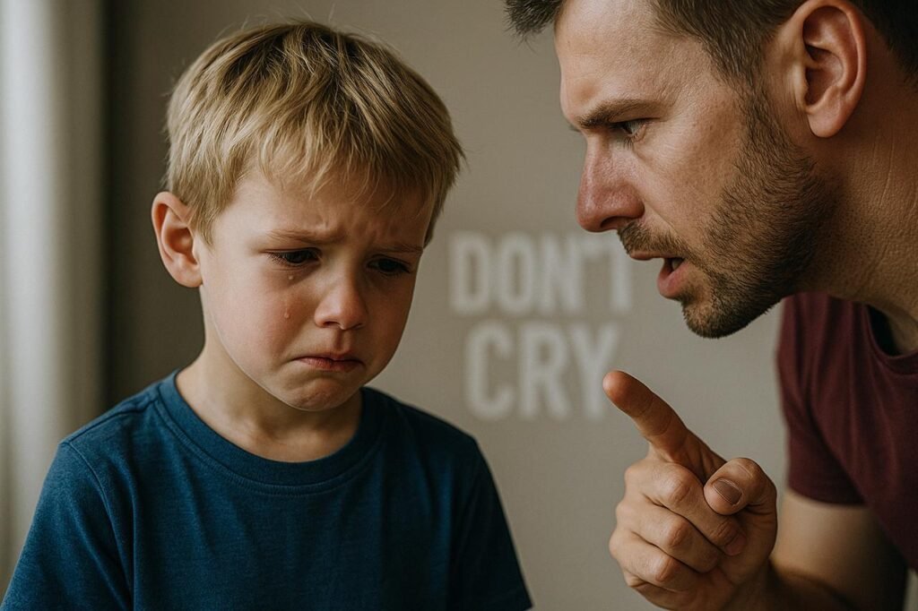 A child being scolded by a parent while holding back tears, with a blurred “DON’T CRY” sign in the background.