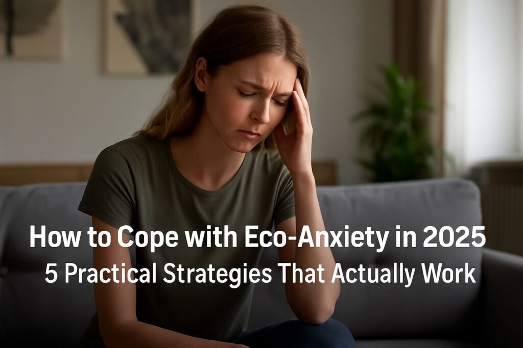 Woman looking calm and thoughtful in nature – coping with eco-anxiety through awareness