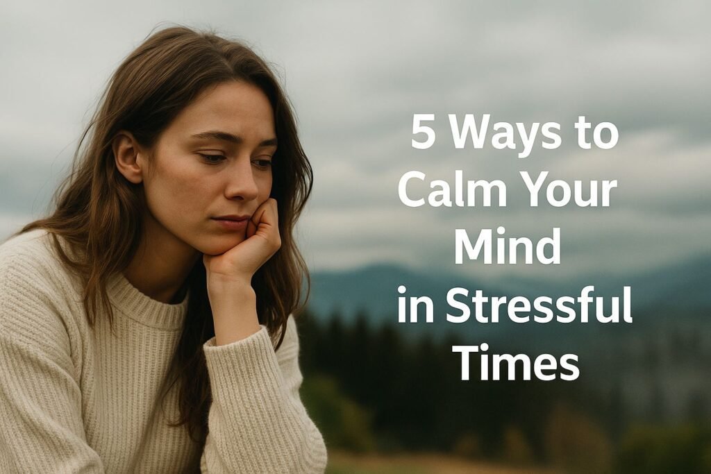 A young woman looking worried about the environment, with a forest background and the title "5 Practical Ways to Cope with Eco-Anxiety in 2025" overlaid on the image.