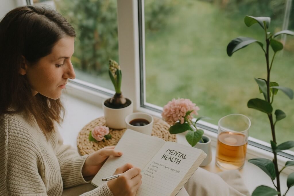 A calm young woman practicing mindfulness indoors, reflecting quietly to manage eco-anxiety with emotional awareness.