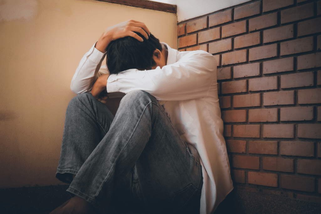 A young man sitting alone against a wall with his head down and hands on his head, symbolizing emotional numbness, inner pain, and the struggle with mental health.