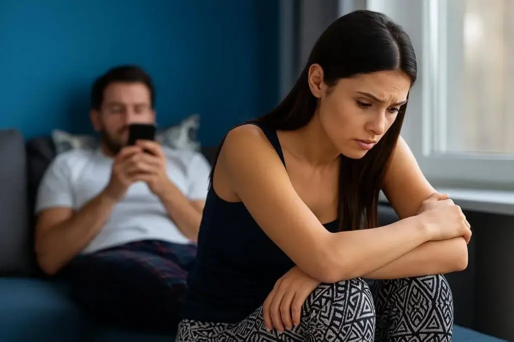 A sad woman sitting on a bed looking upset while her partner uses a phone in the background, showing emotional distance in their relationship.Let Go of Resentment in Relationships