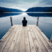 A person sitting alone on a wooden pier, reflecting in silence by a calm lake—capturing the essence of solitude and creativity in nature.