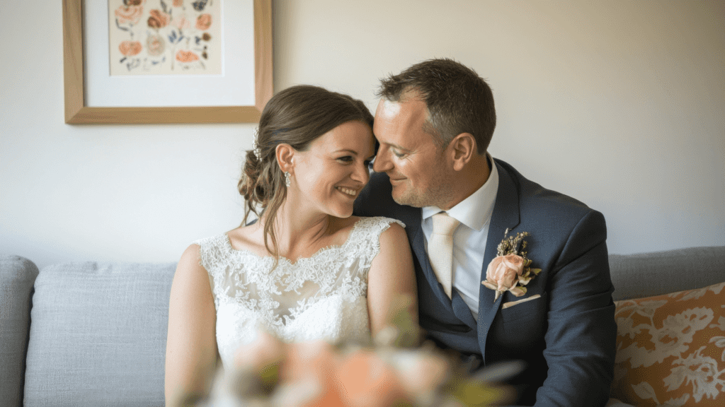 Happy couple sitting close together and smiling, showing how to build emotional intimacy and trust in a healthy relationship.